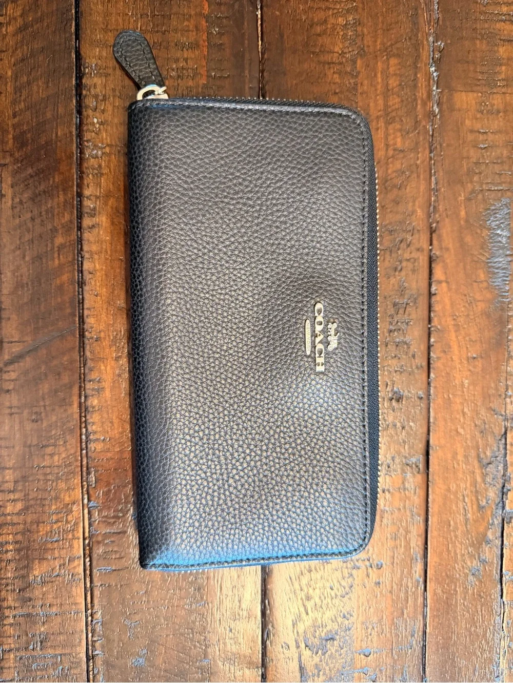 COACH Black Pebbled Leather Zip Wallet with Gold Logo